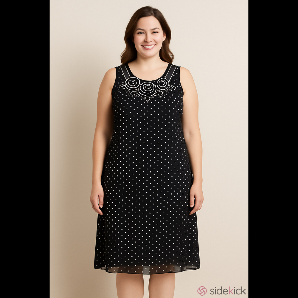 Dress Barn Sleeveless Chiffon Dress Embroidered Roses Polka Dot Size 6 Black